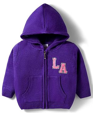 Babyhug Knitted Full Sleeves Hooded Front Open Sweater With LA Embroidery & Kangaroo Pockets - Purple
