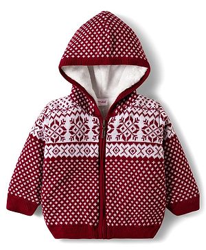 Babyhug Knit Full Sleeves Front Open Hooded Sweater With Aztec Design - Red