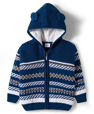 Babyhug Knit Full Sleeves Front Open Hooded Sweater with Aztec Design & Ear Applique - Navy Blue