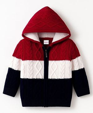 Babyhug Woven Full Sleeves Hooded Front Open Sweater With Color Block & Cable Knit Design - Red White & Navy Blue