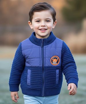 Babyhug Knit Full Sleeves Front Open Sweater with Animal Badge - Blue