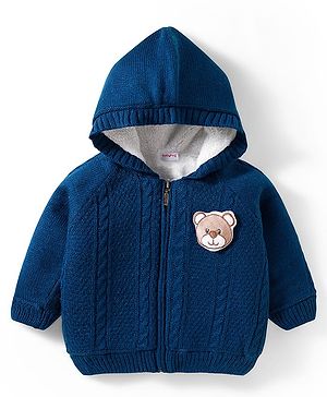 Babyhug Knit Full Raglan Sleeves Front Open Hooded Sweater with Cable Knit Design & Bear Applique - Navy Blue