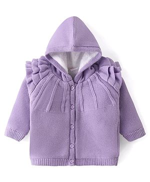 Babyhug Knit Full Sleeves Solid Color Hooded Front Open Sweater with Frill Detailing - Lavender