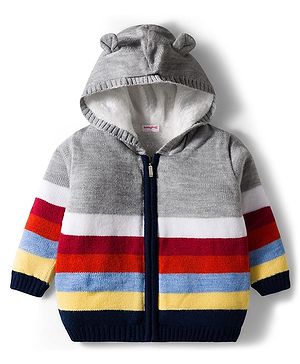 Babyhug Knit Full Sleeves Front Open Hooded Sweater with Color Block & Ear Applique - Grey