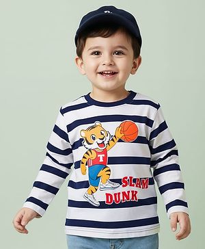 Babyhug 100% Cotton Knit Full Sleeves Striped T-Shirt with Tiger Graphic - White & Navy Blue