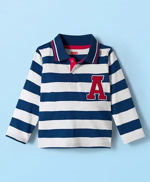 Babyhug 100% Cotton Knit Full Sleeves Polo T-Shirt with Stripes & Patch Detailing - Navy Blue & White