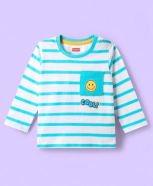 Babyhug 100 % Cotton Knit Full Sleeves T-Shirt with Pocket Stripes & Smiley Print - Light Blue