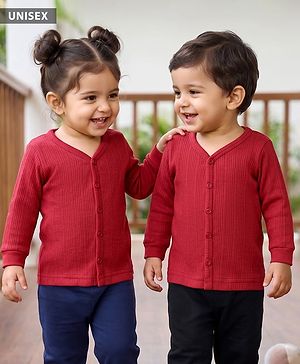 Babyhug Knit Full Sleeves Solid Color Front Open Thermal Vest - Red