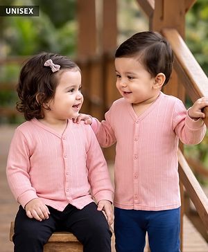 Babyhug Cotton Knit Full Sleeves Front Open Solid Thermal Vest - Pink
