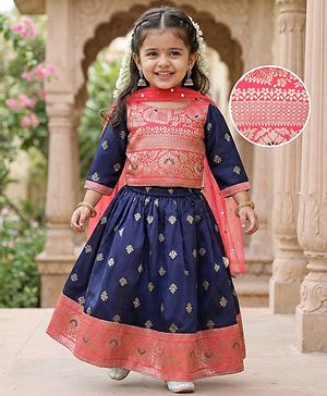 Babyhug Brocade Woven Choli Lehenga and Dupatta Set with Lace Detailing - Navy Blue