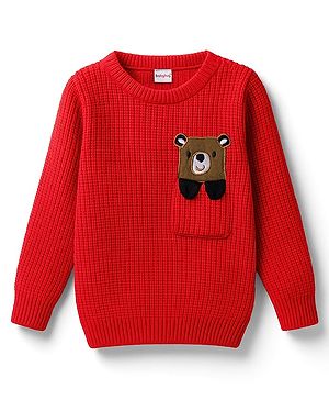 Babyhug Knit Full Sleeves Pullover Sweater with Bear Patch Detailing - Red