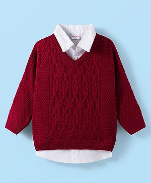 Babyhug Knit Full Sleeves Pullover Sweater with Cable Knit Design - Maroon