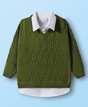 Babyhug Knit Full Sleeves  Twofer Style Pullover with Cable Knit Design - Olive Green & White