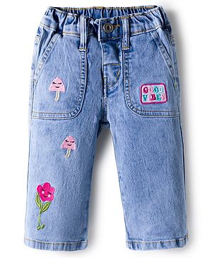 Bonfino Woven Full Length Wide Leg Denim Washed Jeans With Floral Embroidery - Blue