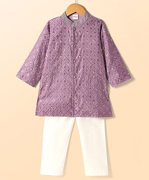 Babyhug Woven Full Sleeves Kurta Pajama Set with Embroidery & Sequin Detailing - Lavender