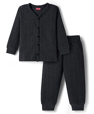 Babyhug Knit Full Sleeves Front Open Thermal Inner Wear Vest & Pant Set - Dark Grey