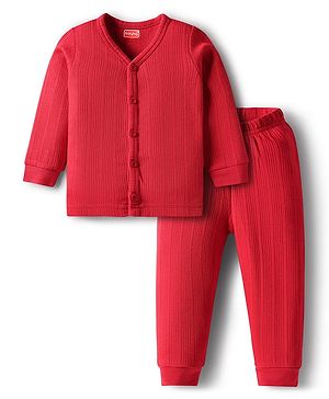 Babyhug Cotton Knit Full Sleeves Front Open Solid Thermal Inner Wear Set - Red