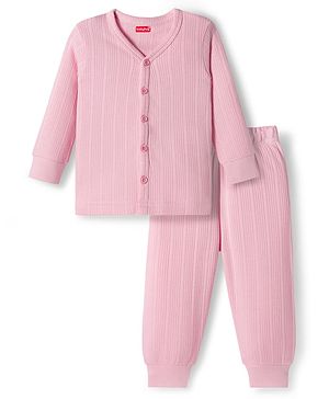 Babyhug Knit Full Sleeves Solid Color Front Open Thermal Vest & Pant Set - Pink