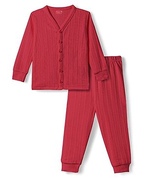Babyhug Knit Full Sleeves Solid Color Front Open Thermal Inner Wear Set - Coral