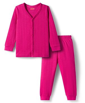 Babyhug Cotton Knit Full Sleeves Solid Color Thermal Vest & Pant Set - Dark Pink