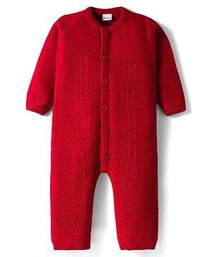 Babyhug Sweater Knit Full Sleeves Front Open Solid Winter Wear Romper - Red