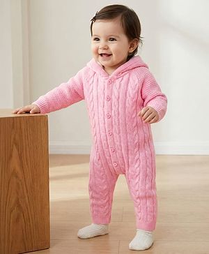 Babyhug Knit Full Sleeves Hooded Winter Wear Romper With Cable Knit Design - Light Pink