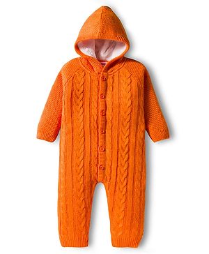 Babyhug Sweater Knit Full Sleeves Front Open Solid Hooded Winter Wear Romper with Cable Knit Design - Orange