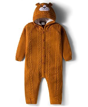 Babyhug Sweater Knit Full Raglan Sleeves Winter Wear Romper with Cable Knit Design Bear Embroidery - Light Brown