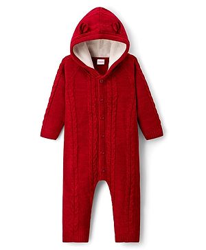 Babyhug Knit Full Sleeves Hooded Winter Wear Romper with Ear Applique & Cable Knit Design - Maroon