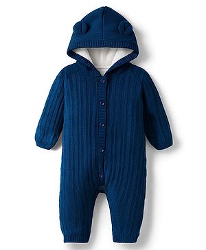 Babyhug Sweater Knit Full Sleeves Hooded Romper With Ear Applique - Navy Blue