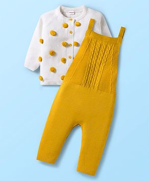 Babyhug Sweater Knit Winter Wear Dungaree Style Romper & Full Raglan Sleeves Inner Tee With Cable Knit Design - White & Mustard