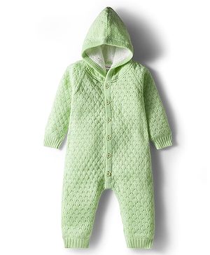 Babyhug  Knit Full Raglan Sleeves Solid Color Winter Wear Romper with Hood - Green
