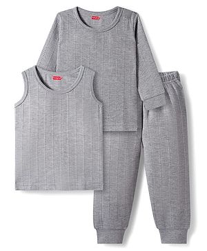 Babyhug Knit Solid Color Full Sleeves Pullover & Sleeveless Thermal Vest & Pant Set - Light Grey