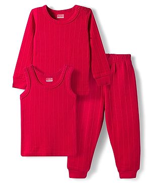 Babyhug Knit Full Sleeves Solid Color Thermal Vests & Pant Set - Red