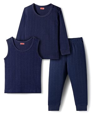 Babyhug Knit Full Sleeves Solid Thermal Set With Vest - Navy Blue