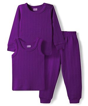 Babyhug Knit Full Sleeves Solid Color Thermal Vests & Pant Set - Purple