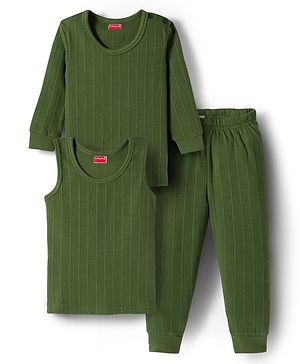 Babyhug Knit Solid Coloured Thermal Set With Vest - Olive Green