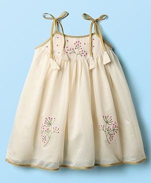 Babyhug South Cotton Woven Sleeveless Ethnic Dress With Floral Embroidery - Off White