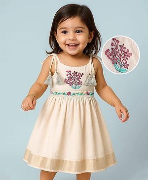 Babyhug South Cotton Woven Sleeveless Ethnic Dress with Floral Embroidery - Offwhite