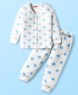 Babyhug Knit Full Sleeves Front Open Co-Ord Thermal Set With Star Print - White
