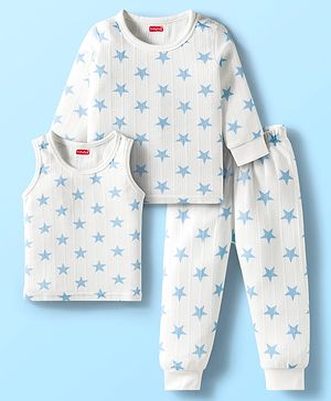 Babyhug Knit Full Sleeves Pullover Co-Ord Thermal Set With Star Print - White