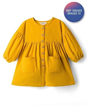Bonfino 100% Cotton Corduroy Woven Full Sleeves Drop Shoulder & Front Open Solid Dress with Pockets - Yellow