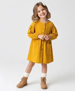 Bonfino 100% Cotton Corduroy Woven Full Sleeves Drop Shoulder & Front Open Solid Dress with Pockets - Yellow