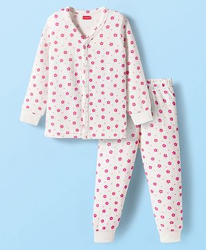 Babyhug Cotton Knit Full Sleeves Thermal Wear Set With Floral Print - White