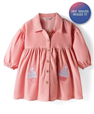 Bonfino 100% Cotton Corduroy Woven Full Sleeves Shirt Dress with Cupcake Embroidery Patch Applique - Pink