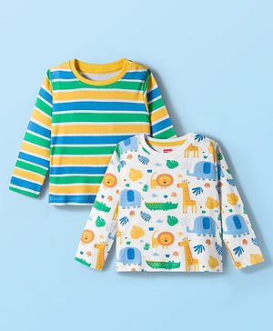 Babyhug 100% Cotton Knit Full Sleeves Striped T-Shirts with Jungle Theme Print Pack of 2 - Multicolor