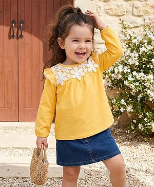 Babyhug 100% Cotton Knit Full Sleeves Top with Frill & Floral Lace Detailing - Yellow