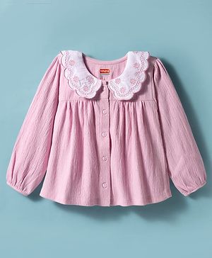 Babyhug Cotton Lycra Knit Full Sleeves Top with Floral Embroidery - Pink