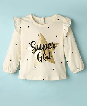 Babyhug 100% Cotton Knit Full Sleeves Top with Star Foil Print & Frill Detailing - Off White