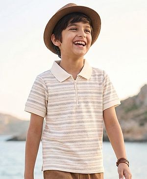 Pine Kids Cotton Knit Half Sleeves Polo T-Shirt with Stripes - White
